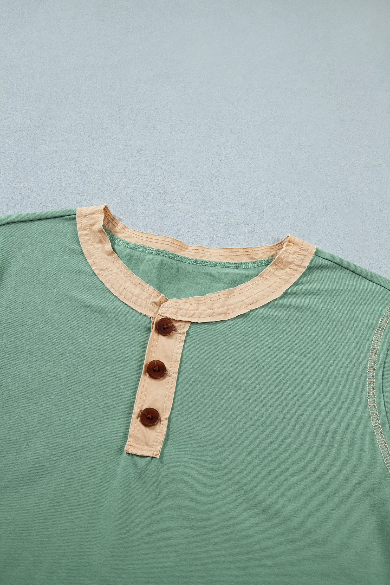 Colorblock Raw Seam Buttoned Henley Tee