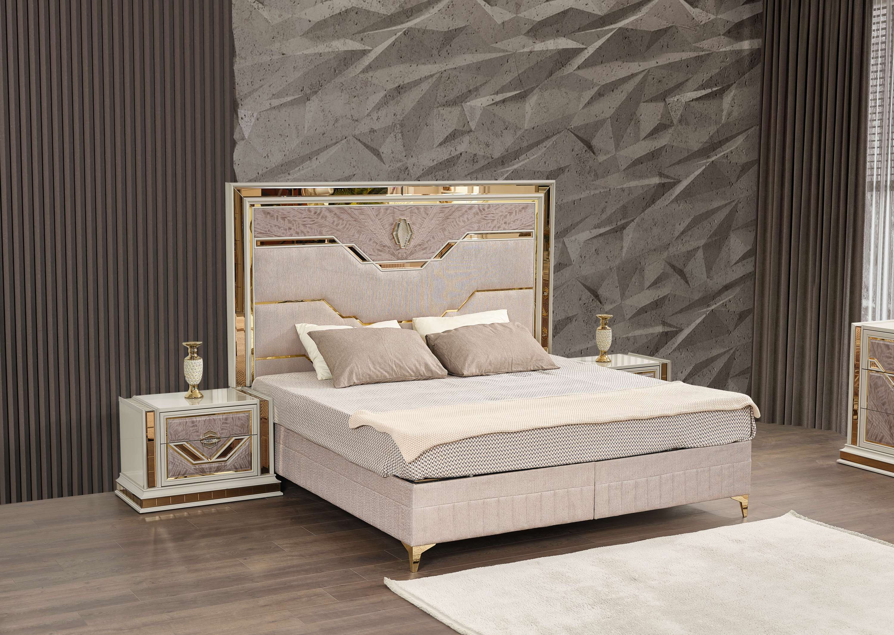 Omari Modern Style 4 Pc Queen Upholstered Bedroom Set Made with Wood and Gold Accents in Beige (NJ Inventory)