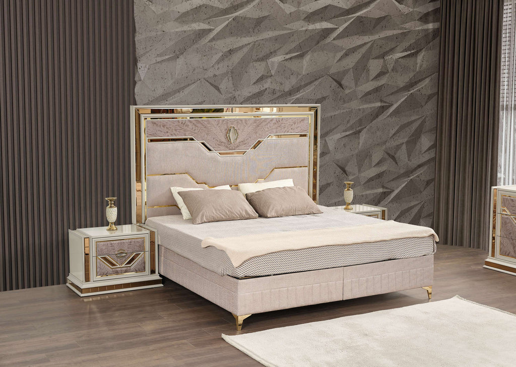 Omari Modern Style 5 Pc Queen Upholstered Bedroom Set Made with Wood and Gold Accents in Beige (NJ Inventory)