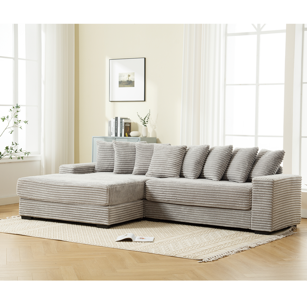 [NEW ARRIVED] [VIDEO PROVIDED] Oversized Two-Piece  Couches,  L Shaped Sofa, Corduroy, Left Chaise Daybed,with Armrests,Eight Throw Pillows,Corner Sofa,Easy To Assemble,  Gray