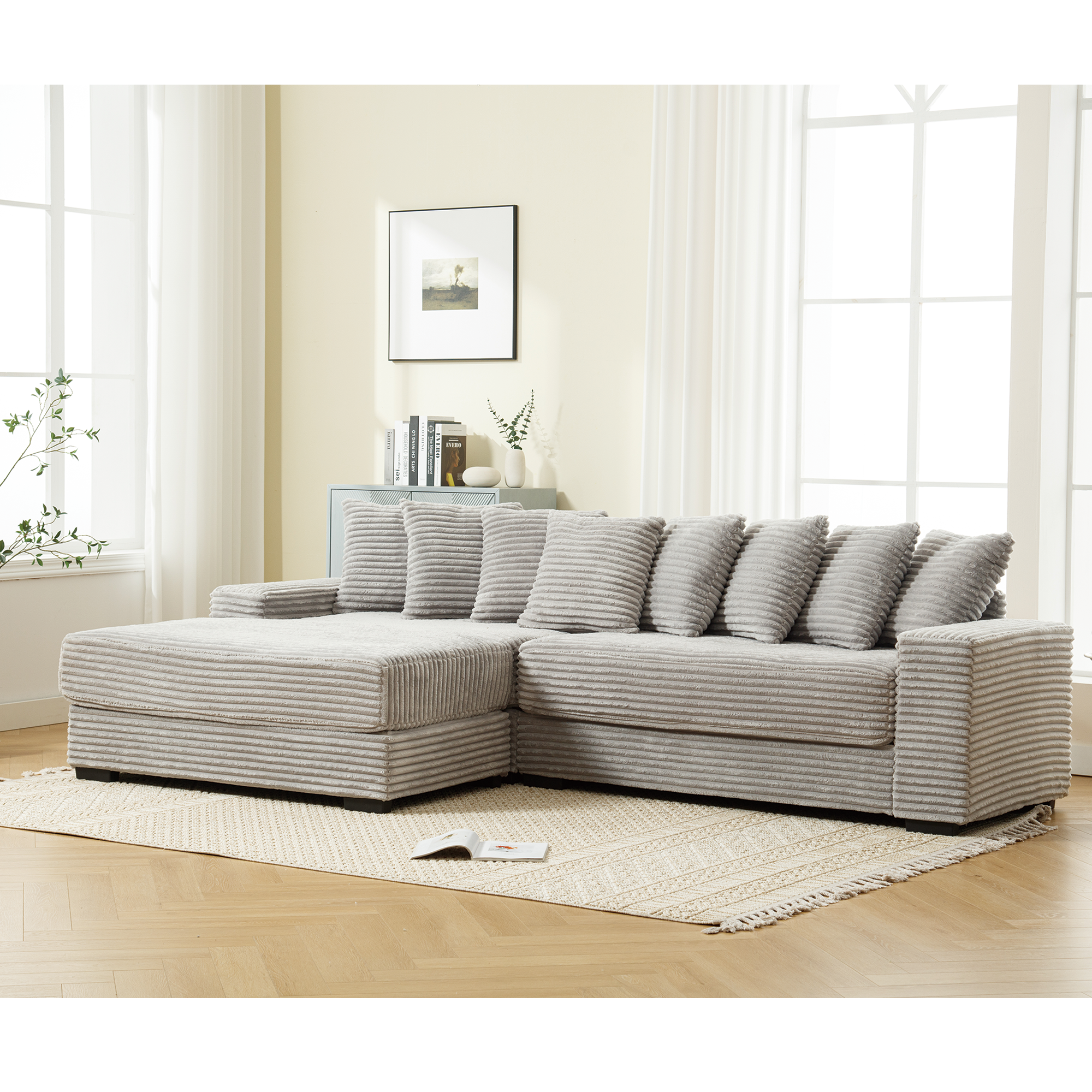 [NEW ARRIVED] [VIDEO PROVIDED] Oversized Two-Piece  Couches,  L Shaped Sofa, Corduroy, Left Chaise Daybed,with Armrests,Eight Throw Pillows,Corner Sofa,Easy To Assemble,  Gray