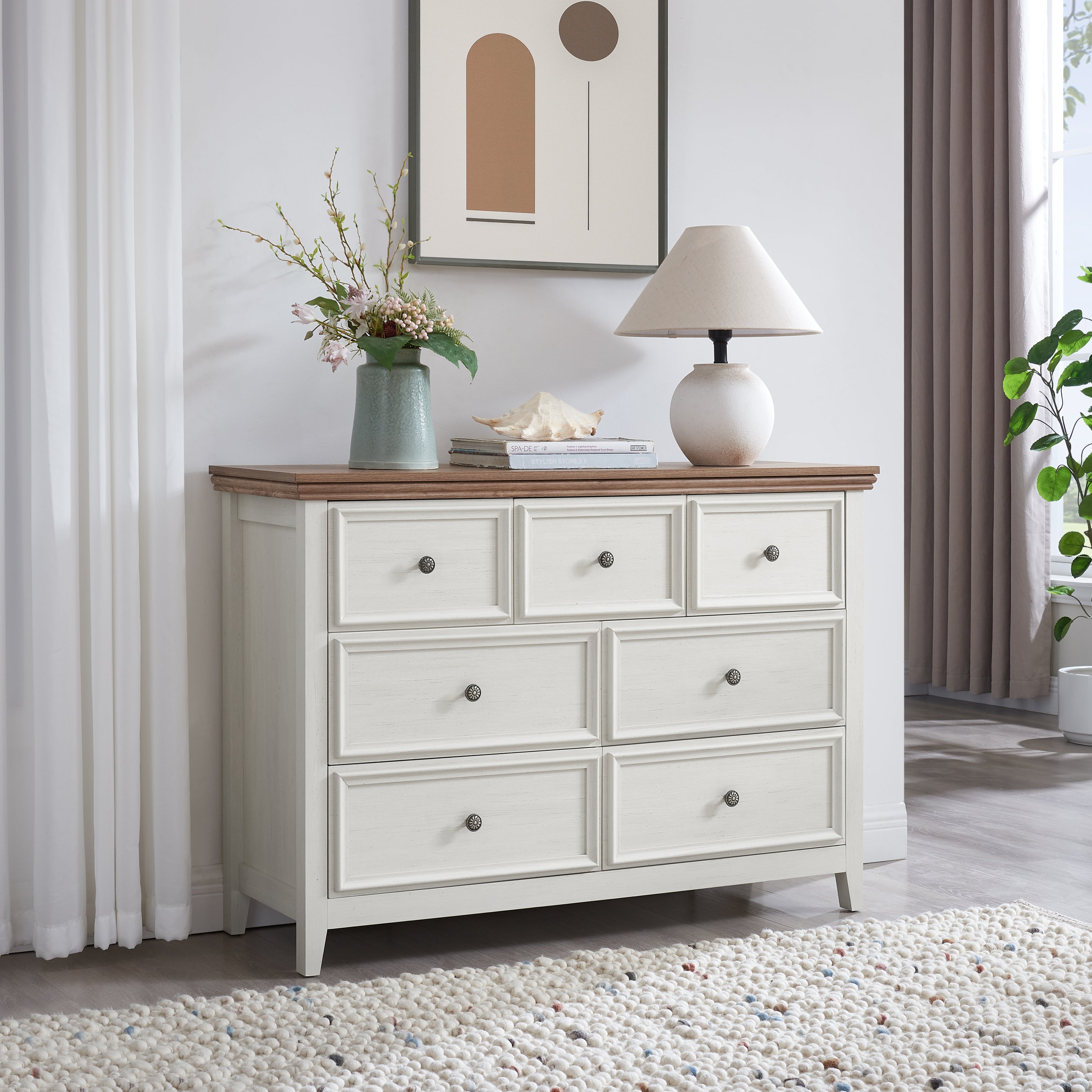 Modern 7 Drawers Dresser 7 Drawers Cabinet,Chest of Drawers Closet Organizers and Storage Clothes Storage Drawers Cabinet for Living Room, Farmhouse Dresser Organizer BEIGE