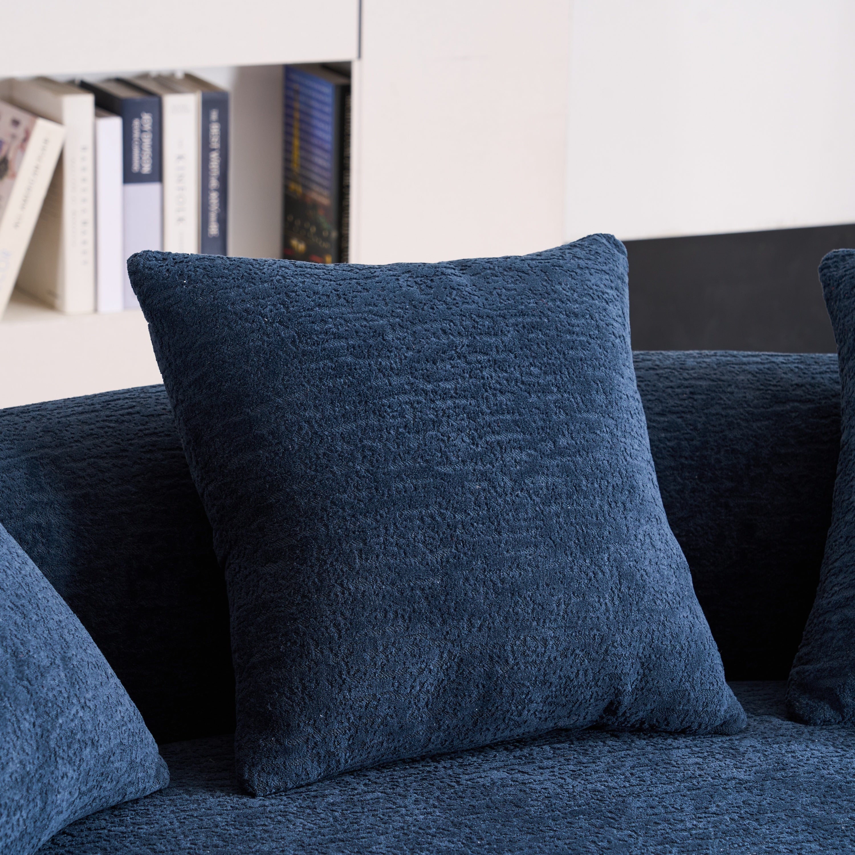 LY-025S Curved Loveseat Blue Full Compression Sponge Sofa, 30D Chenille No-Assembly Compact Sofa for Small Spaces & Apartments, 65'L, 300 lbs, 3 Pillows