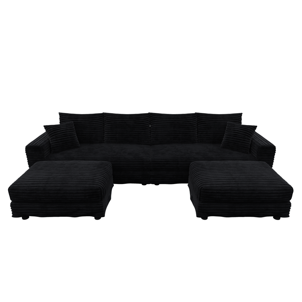 104.3 ' Plush Corduroy 4-Seat Sofa, Modern Comfy Upholstered Sofa Cloud Couch, Deep Seat Couches with Soft Pillows and 2 Ottomans, Convertible Sofa Lounge Chair, for Living Room,Apartment,Office,Black