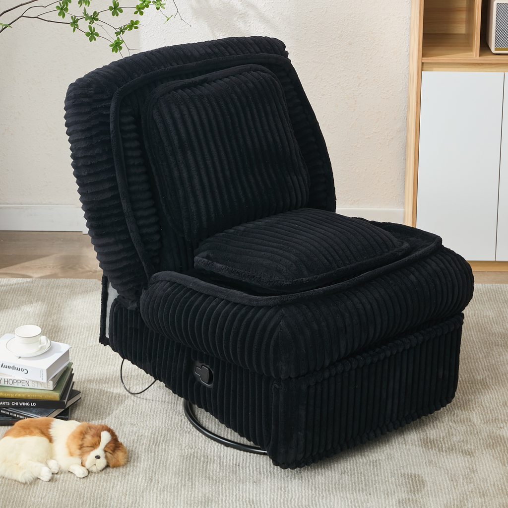 [NEW ARRIVED] 360° Swivel Rocking Single Sofa,Recliner Sofa, Manual Glider Rocking Armless Chair,Living Room Office, With Adjustable Backrest and Footrest and pillows, Small Spaces,Corduroy , Black