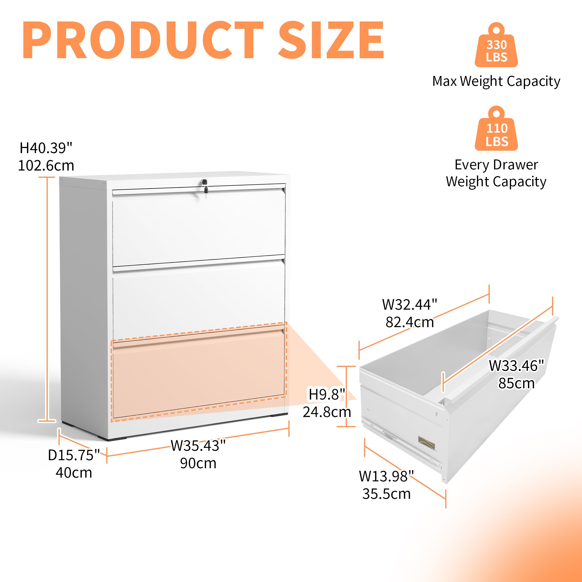 Modern White 3-Drawer Lateral File Cabinet with Lock for Home Office, Metal Filing Cabinet for Legal/Letter/A4/F4 Files