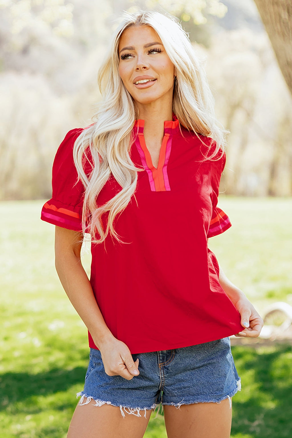 Stripe Frilled V-Neck Ruffle Short Sleeve Blouse