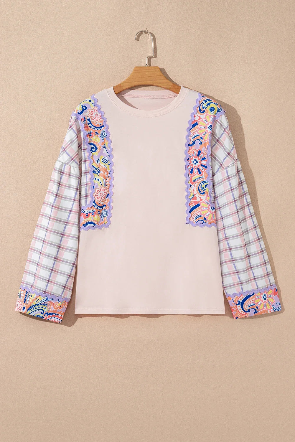 Floral Plaid Patchwork Puff Sleeve Blouse