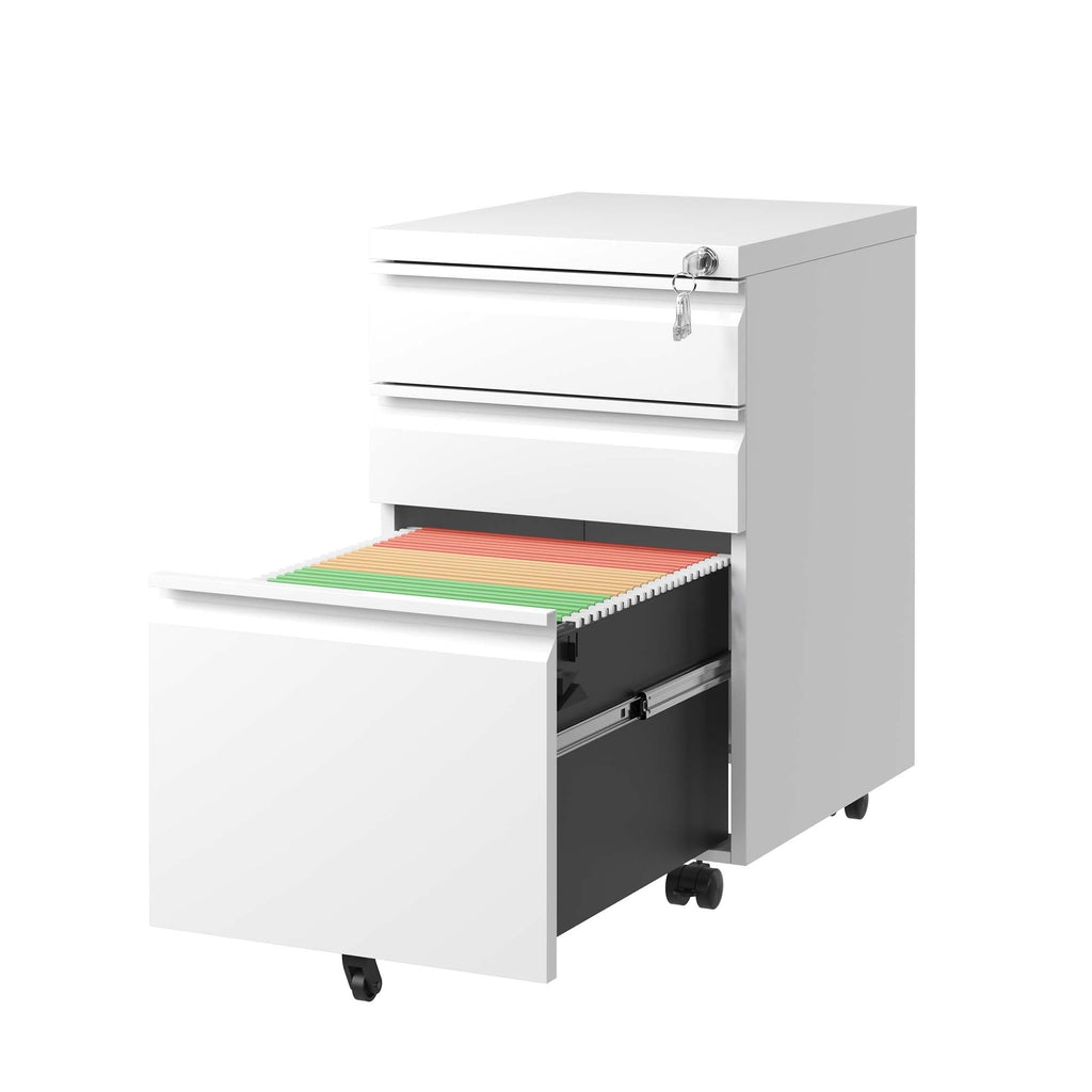 White Mobile 3-Drawer File Cabinet with Lock, Metal Organizer for Home Office, Fully Assembled