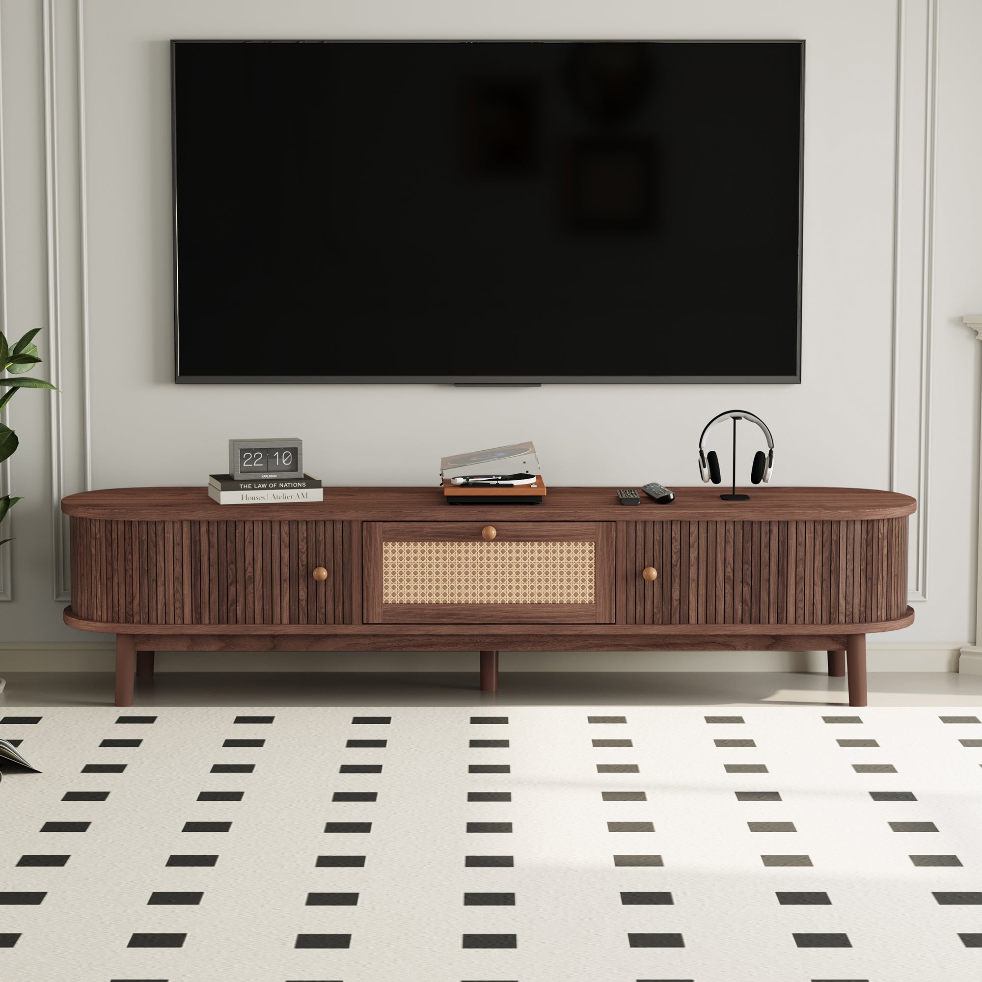 Modern Design TV Stand for 75' TVs, Media Console TV Cabinet with Rattan-Front Drawer for Living Room, 1 Drawer and 2 Sliding-Door Cabinets