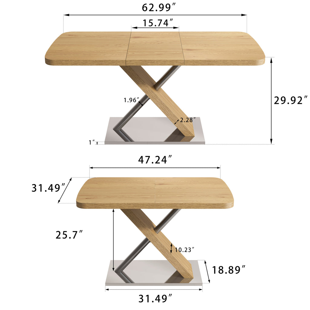 47.25 '-63' Dining Table, Original Wood Color, Seating 4-6 People, Retractable Table, Cross Metal Base and Stainless Steel Tubing(Natural)