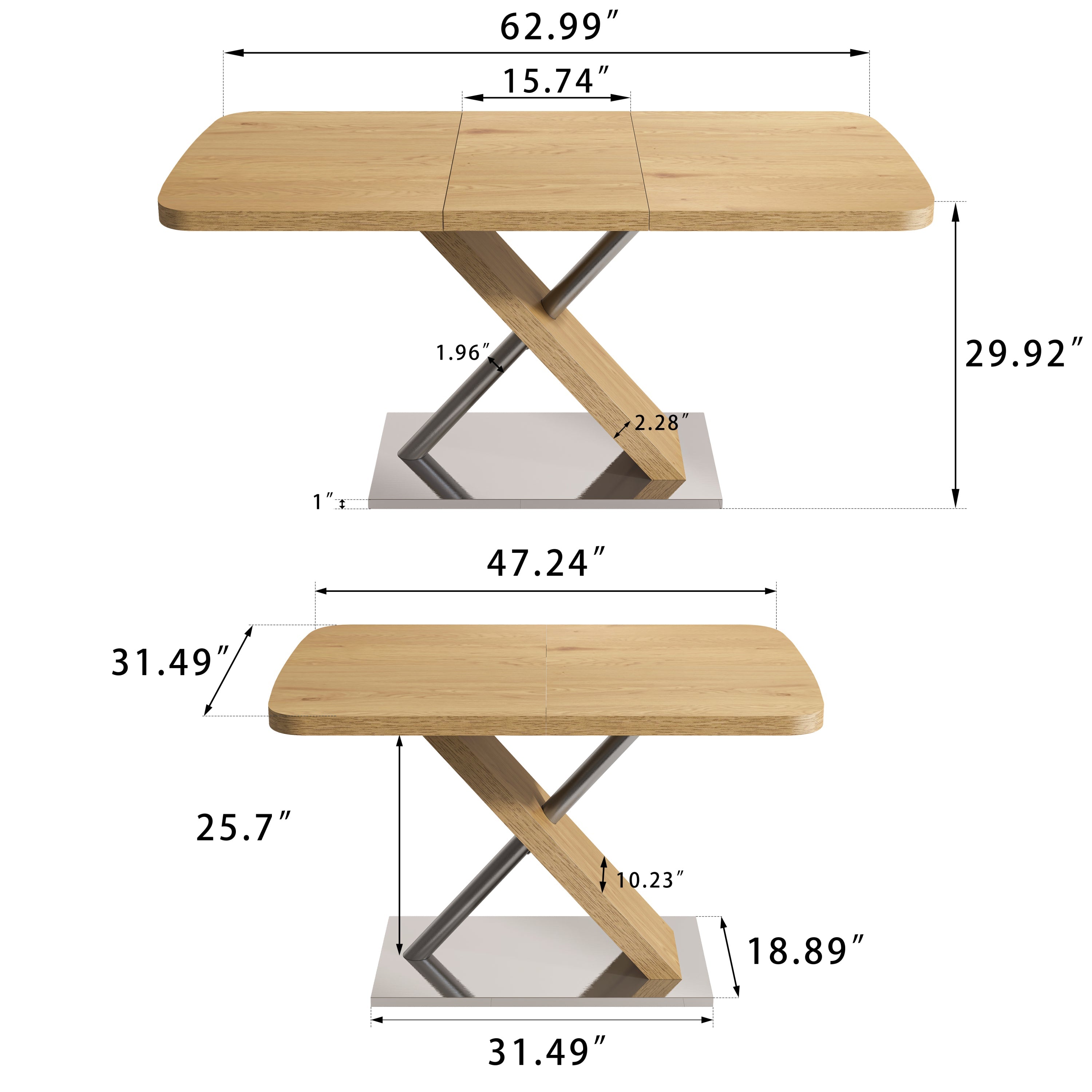 47.25 '-63' Dining Table, Original Wood Color, Seating 4-6 People, Retractable Table, Cross Metal Base and Stainless Steel Tubing(Natural)