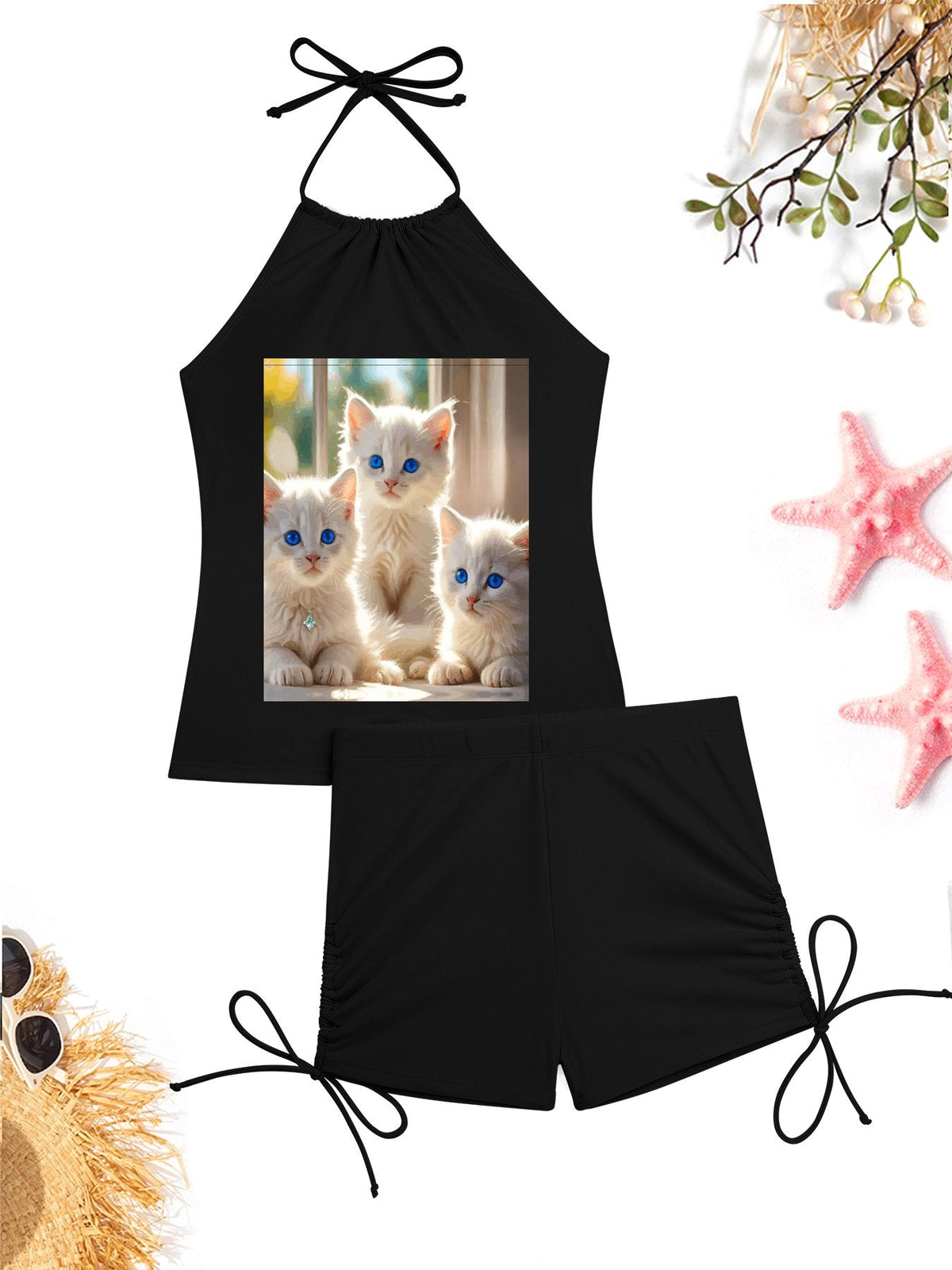 Fluffy White Kittens with Blue Eyes Tankini Swimsuit with Shorts for Women (Front Printing)