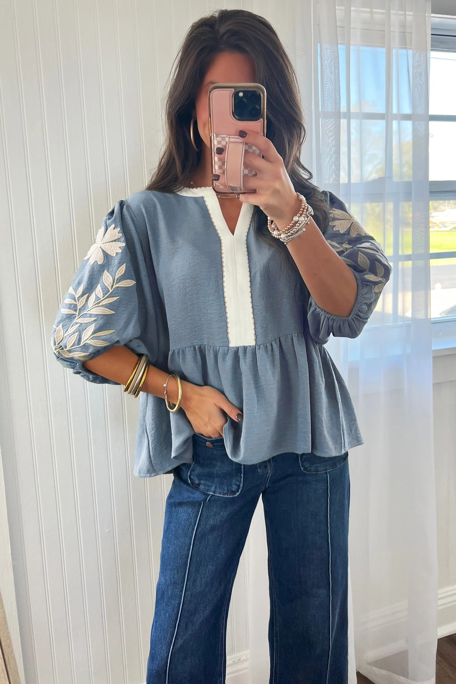 Floral Embroidered Colorblock Puff Sleeve Babydoll Blouse