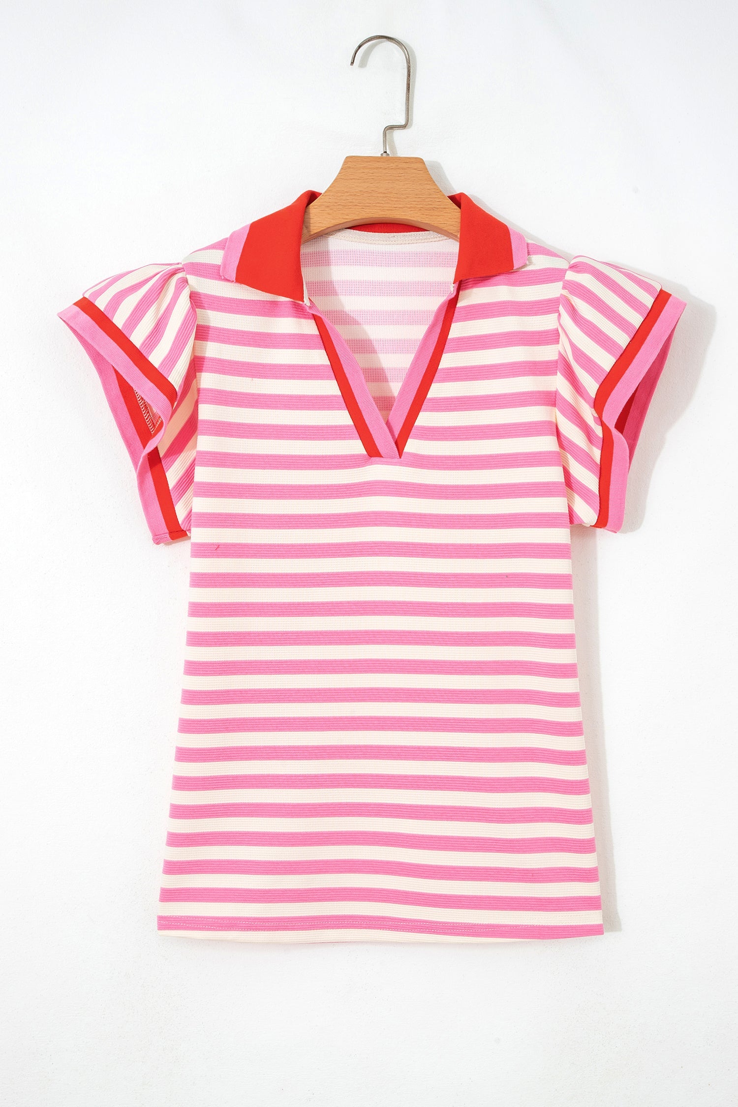 Stripe Contrast Trim Polo Collar Ruffle Sleeve Blouse