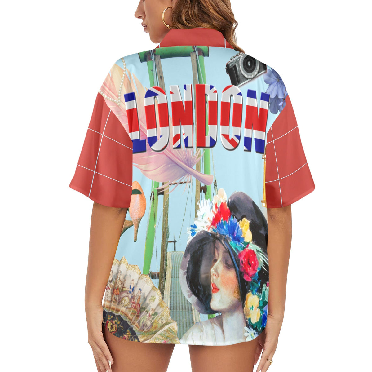 Island Vibes Meet City Chic: Women's London Print Hawaiian Shirtb