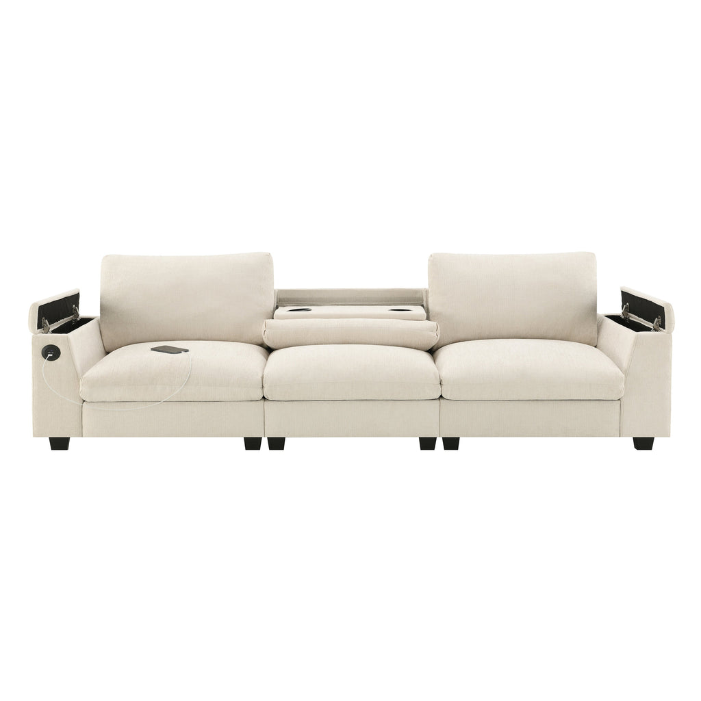 Chenille Sectional Sofa with Bluetooth Speaker, Comfy Cloud Couch Set with Drop Down Table, Cup Holders, USB Charger, Storage Armrest, Wide Seat, 96*35''