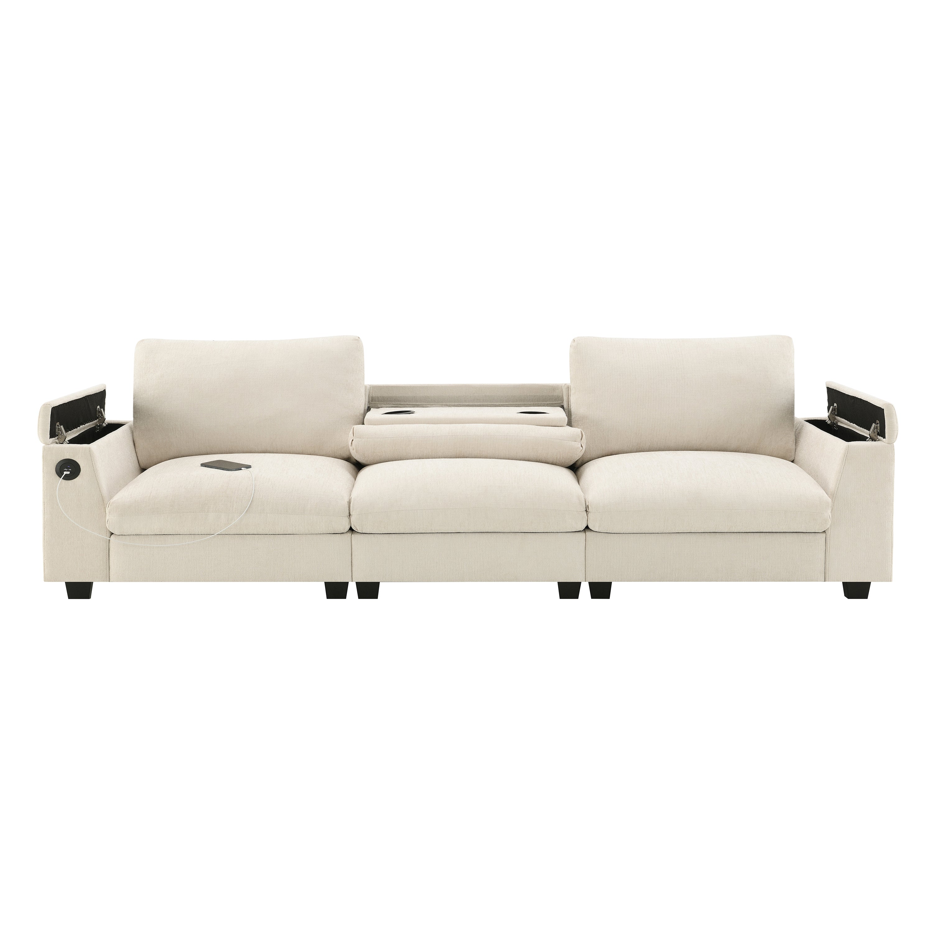 Chenille Sectional Sofa with Bluetooth Speaker, Comfy Cloud Couch Set with Drop Down Table, Cup Holders, USB Charger, Storage Armrest, Wide Seat, 96*35''
