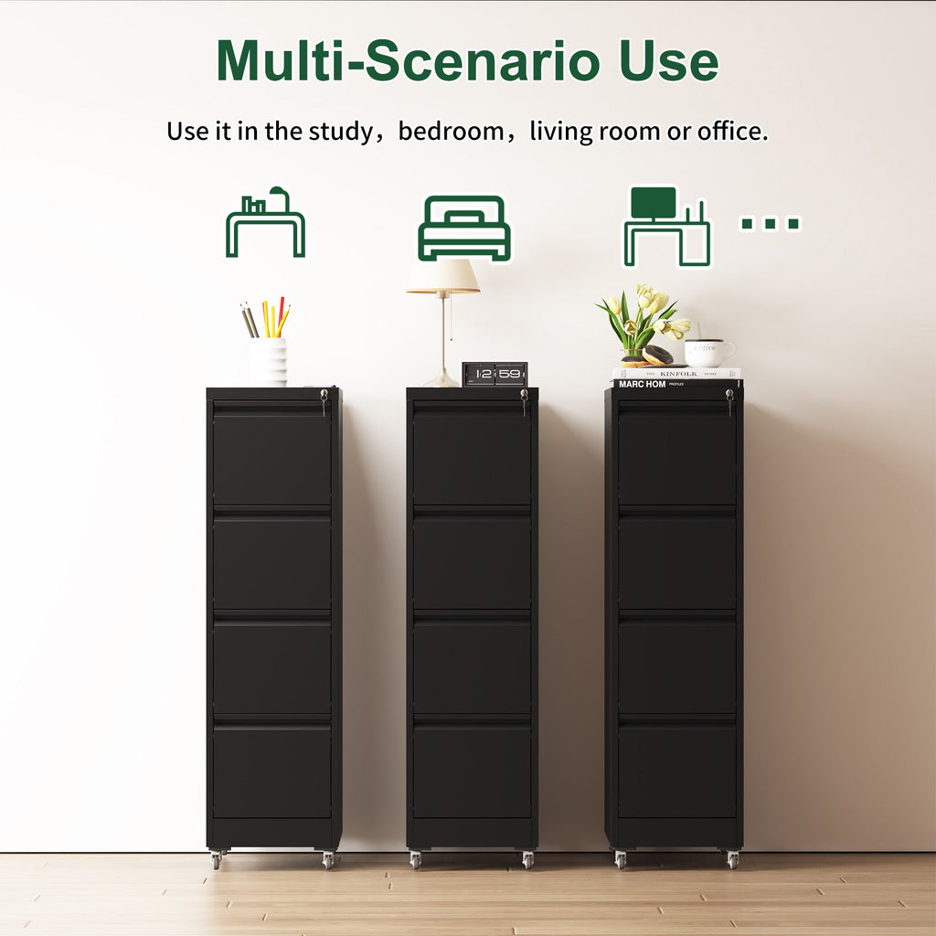 Black Heavy-Duty Metal 4 Drawer Locking Vertical File Cabinet with Wheels for Home & Office, 17.71'D x 15.16'W x 52.28'H