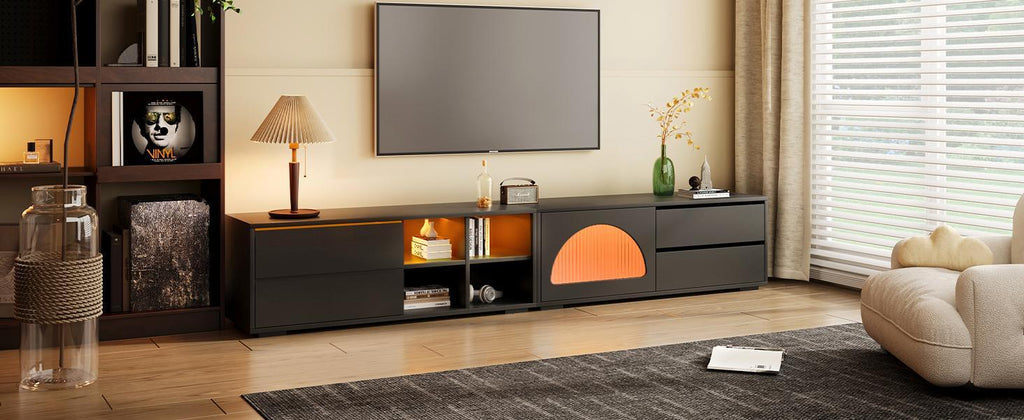 ON-TREND Modern TV Stand with Fluted Glass Door for TVs Up to 100', Media Console with Sliding Door & 2 Drawers, Free-Combination Entertainment Center with LED Light for Living Room, Bedroom, Black