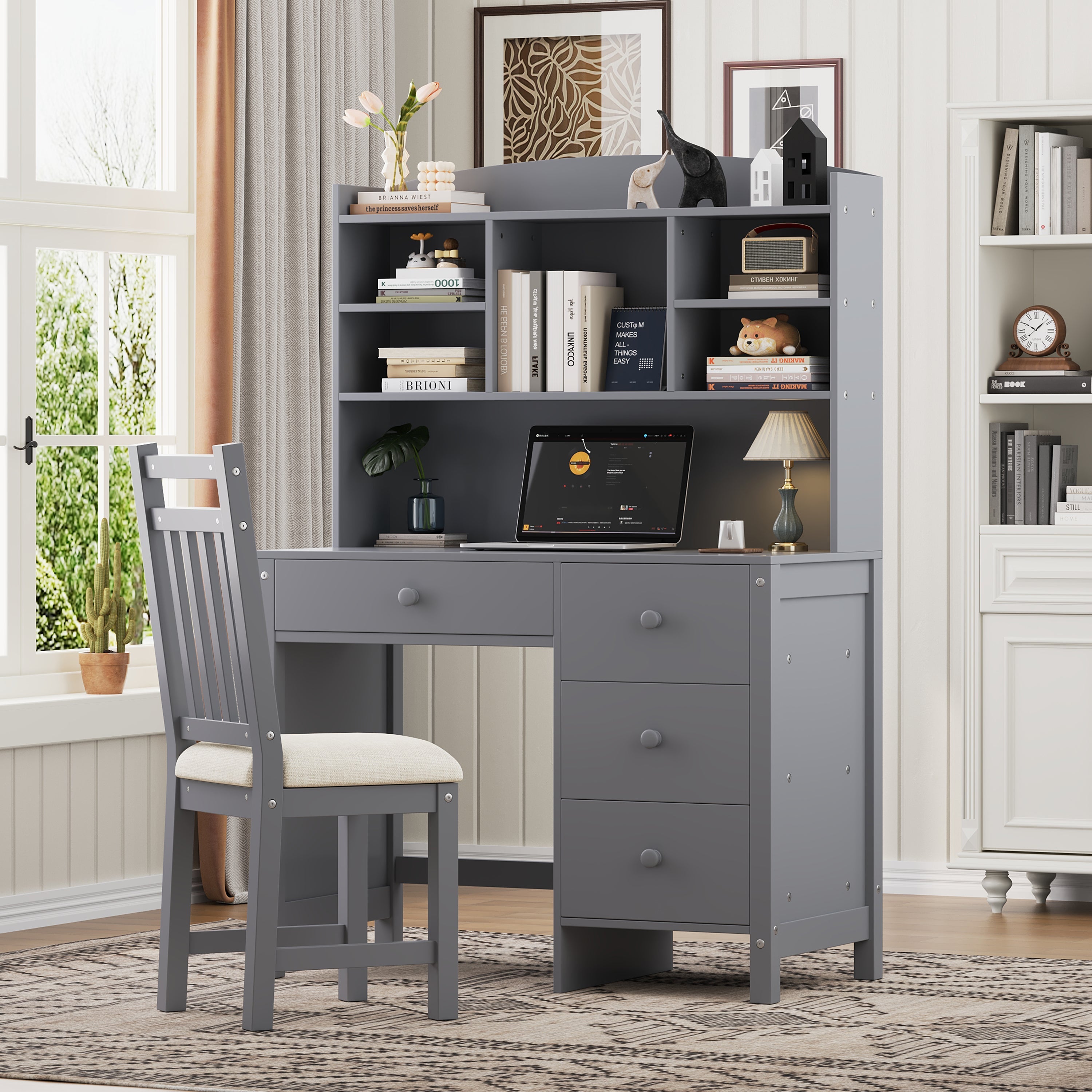 Vintage 40'' Home Executive Desk and Upholstered Chair Set with Bookshelf, Computer Desk with Four Drawers, Storage Shelf, and Chair, Ideal for Office or Study in Bedroom or Living Room, Gray