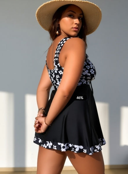 Women's Plus Size Black Floral Two-piece Swim Dress