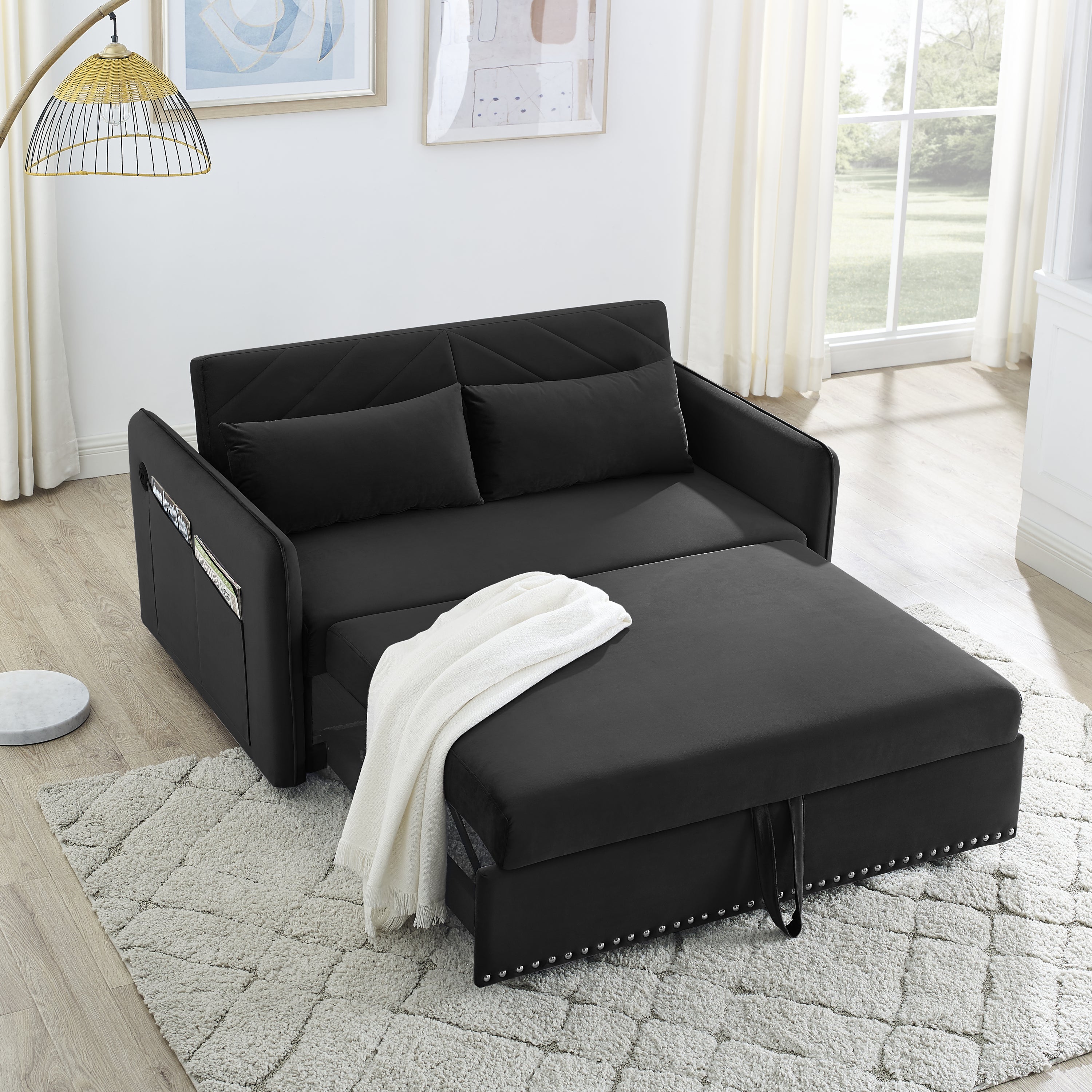 MH' Sleeper Sofa Bed w/USB Port, 3-in-1 adjustable sleeper with pull-out bed, 2 lumbar pillows and side pocket, soft velvet convertible sleeper sofa bed, suitable for living room bedroom