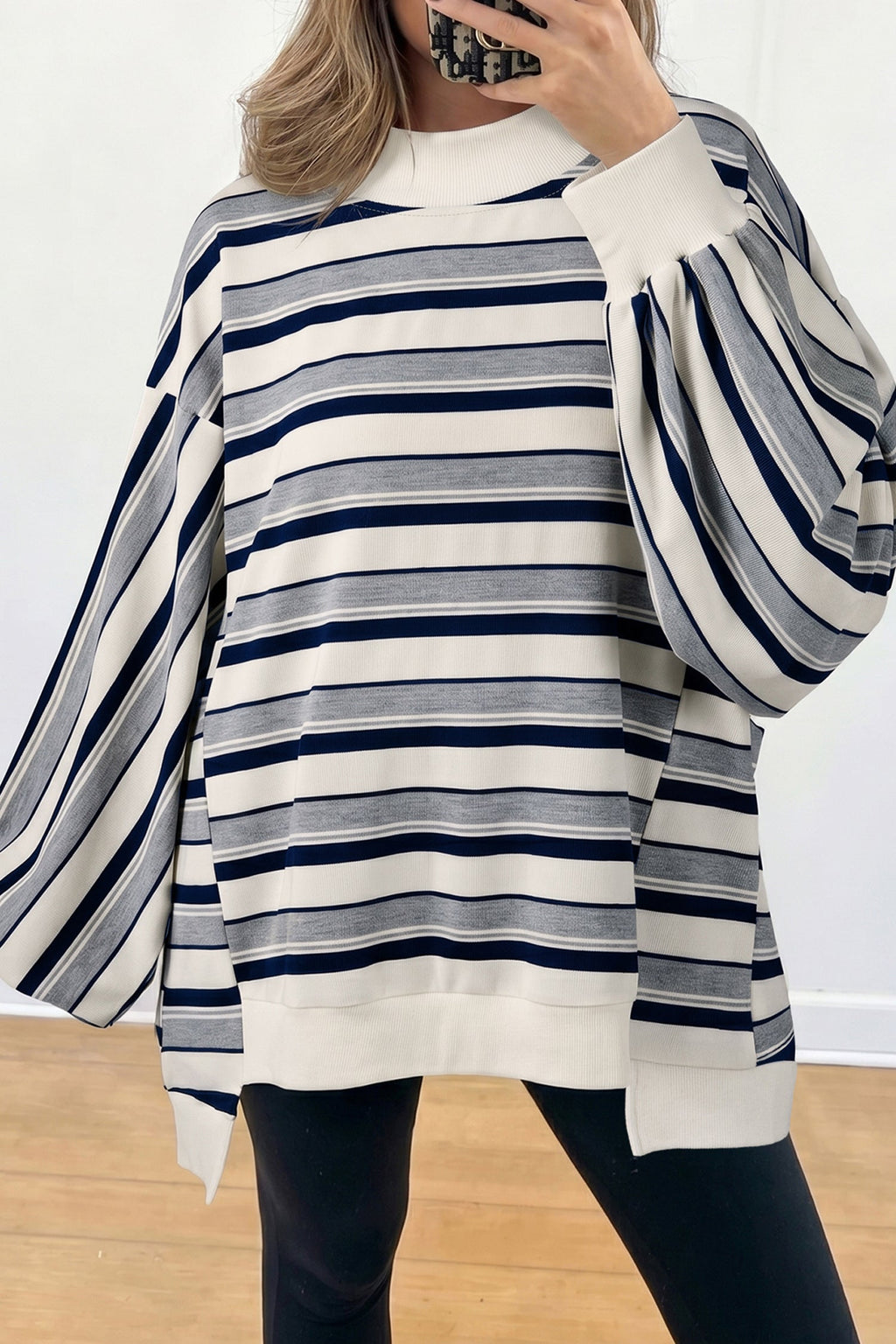 Stripe Ribbed Mock Neck Long Sleeve Sweatshirt