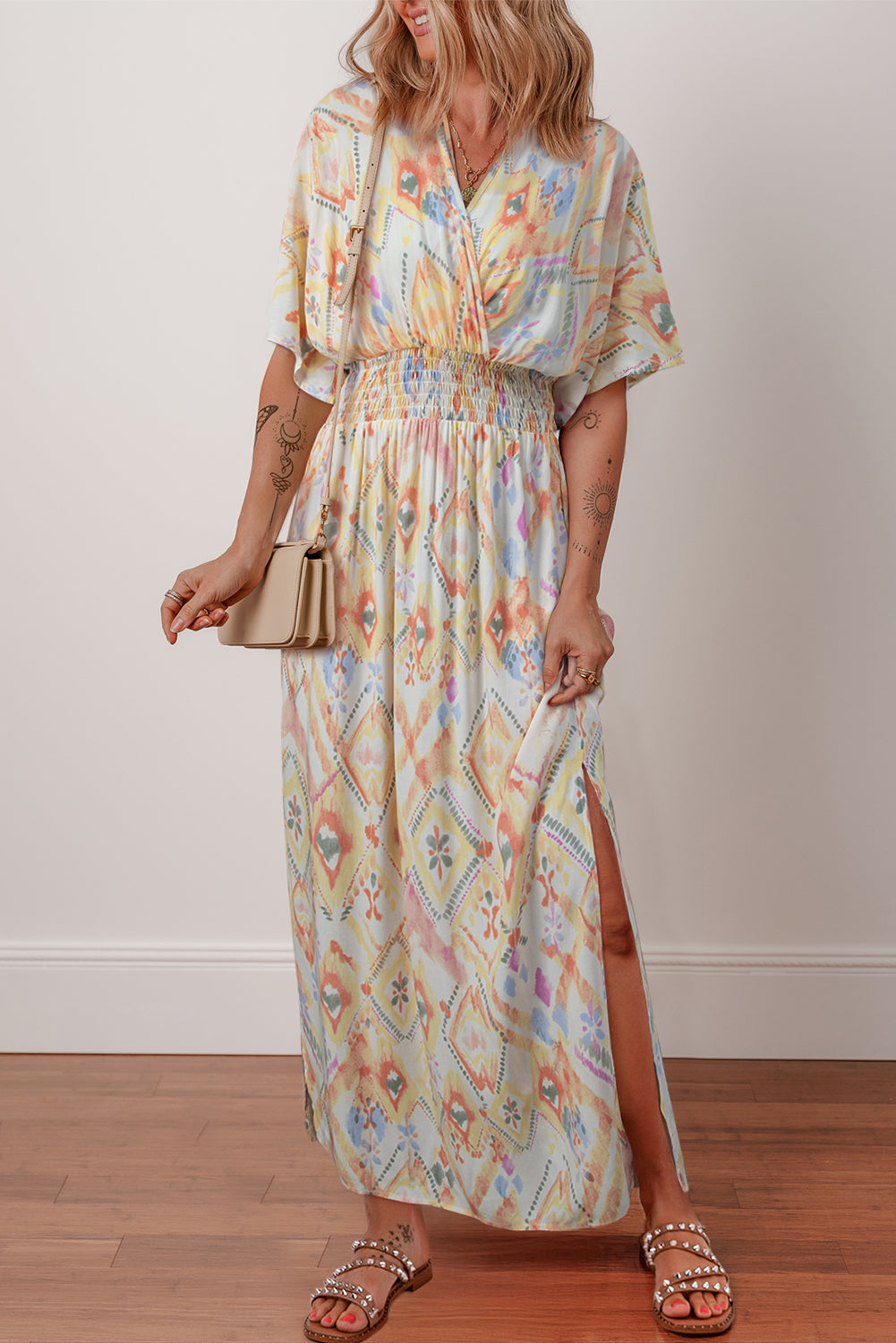 Geometric 3/4 Sleeve Shirred Maxi Dress