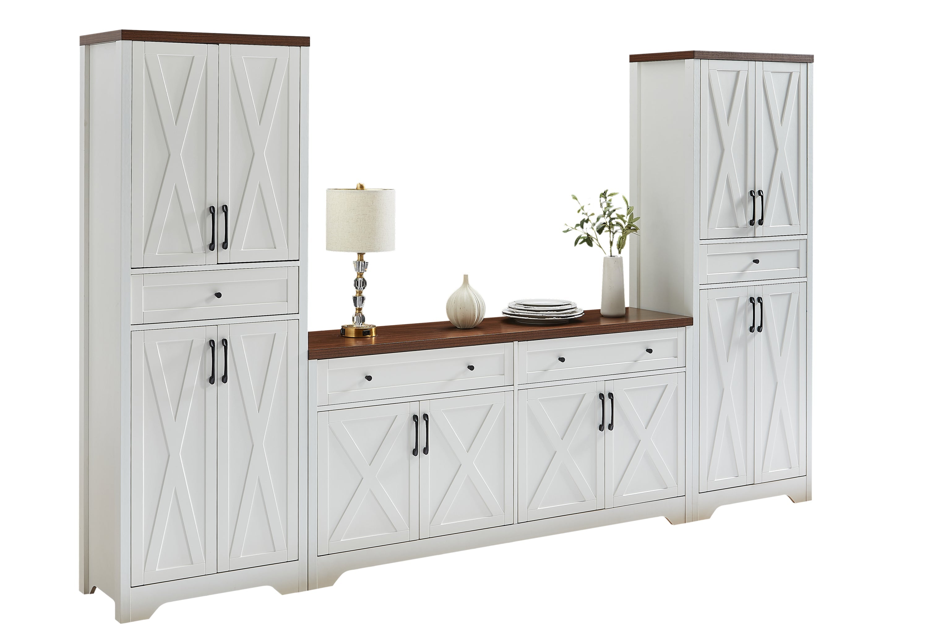 TV Cabinet Set Multifunctional TV Wall, One TV Cabinet and Two Sideboards for Living Room, 108.7''L x 15''W x 68''H.
