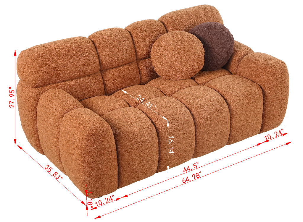 64.98 length ,35.83' deepth ,human body structure for USA people,  marshmallow sofa,boucle sofa ,2  seater,  LIGHT BROWN BOUCLE