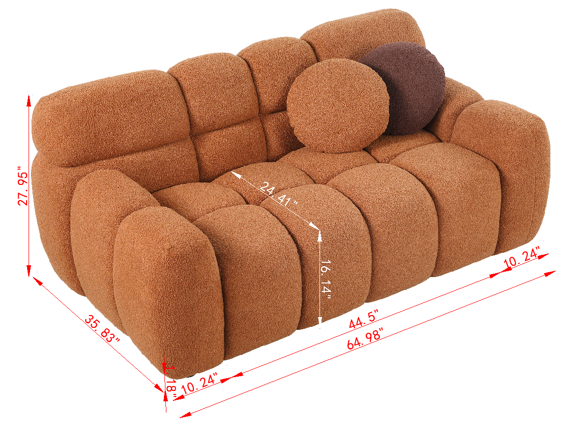 64.98 length ,35.83' deepth ,human body structure for USA people,  marshmallow sofa,boucle sofa ,2  seater,  LIGHT BROWN BOUCLE