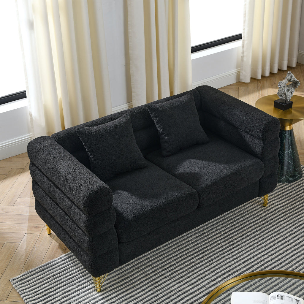 60Inch Oversized 2 Seater Sectional Sofa, Living Room Comfort Fabric Sectional Sofa-Deep Seating Sectional Sofa, Soft Sitting with 2 Pillows for Living Room, Bedroom, Office, Black teddy(W834S00030)