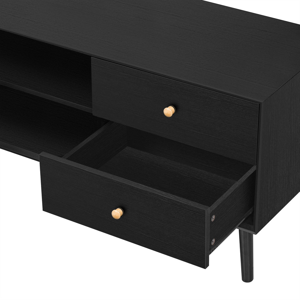 70' TV Stand for TVs up to 80 Inches, Mid Century Modern Entertainment Center with Rattan Doors, 2 Drawers, and Open Shelf, Television Stand for Living Room