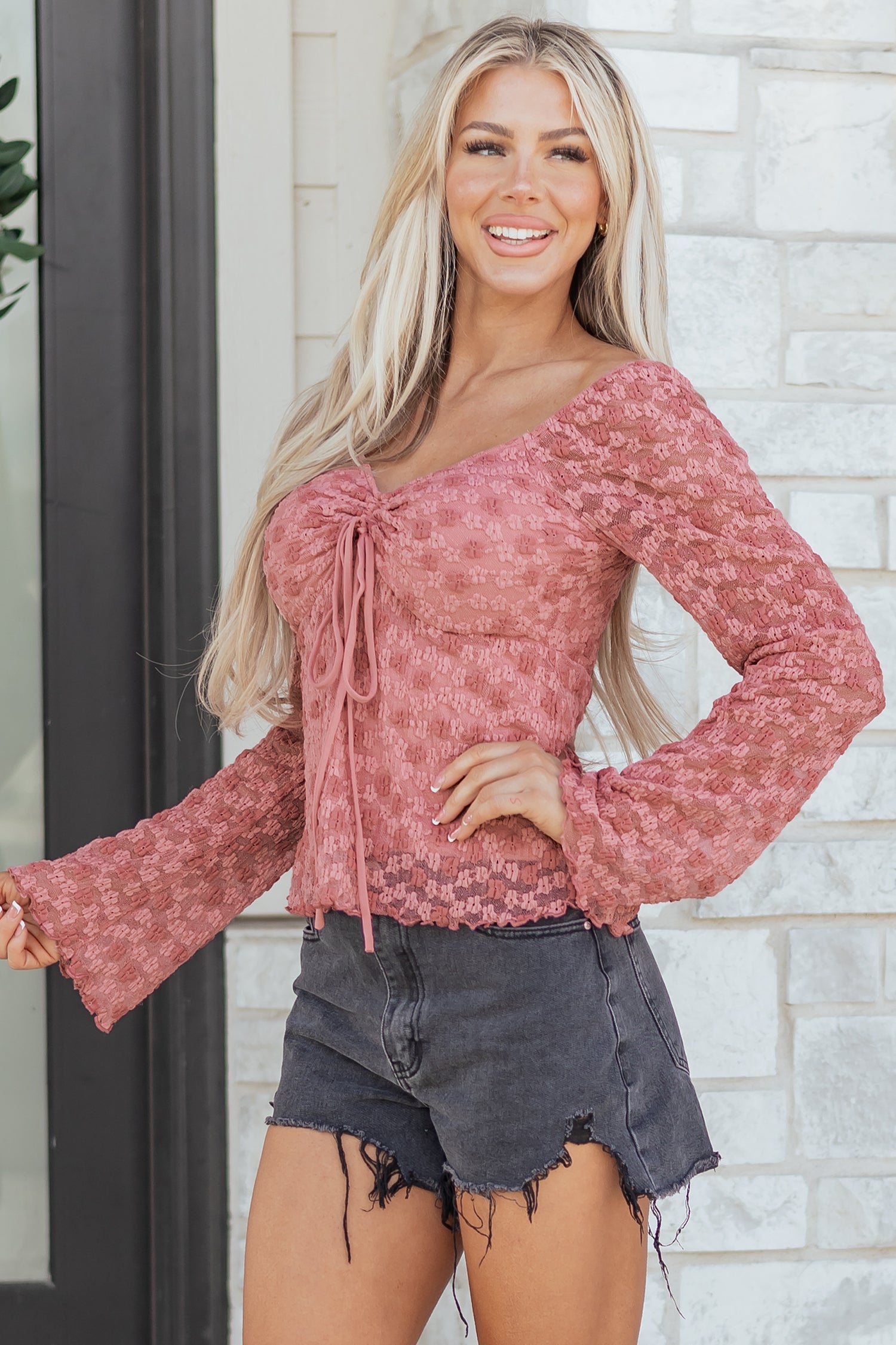Floral Lace Drawstring Square Neck Blouse
