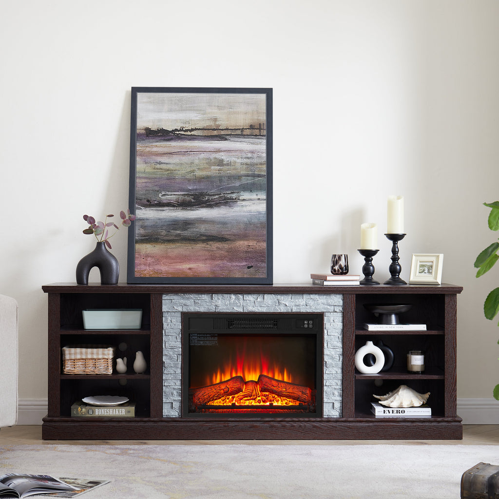 Large TV Desk Storage Rack with Faux Stacked Stone Surround,Media Console Table with Large Storage Cabinet,Modern  TV Media Stand with 23' Fireplace Insert,Cherry, 70.12'W*15.35'D*25.83'H