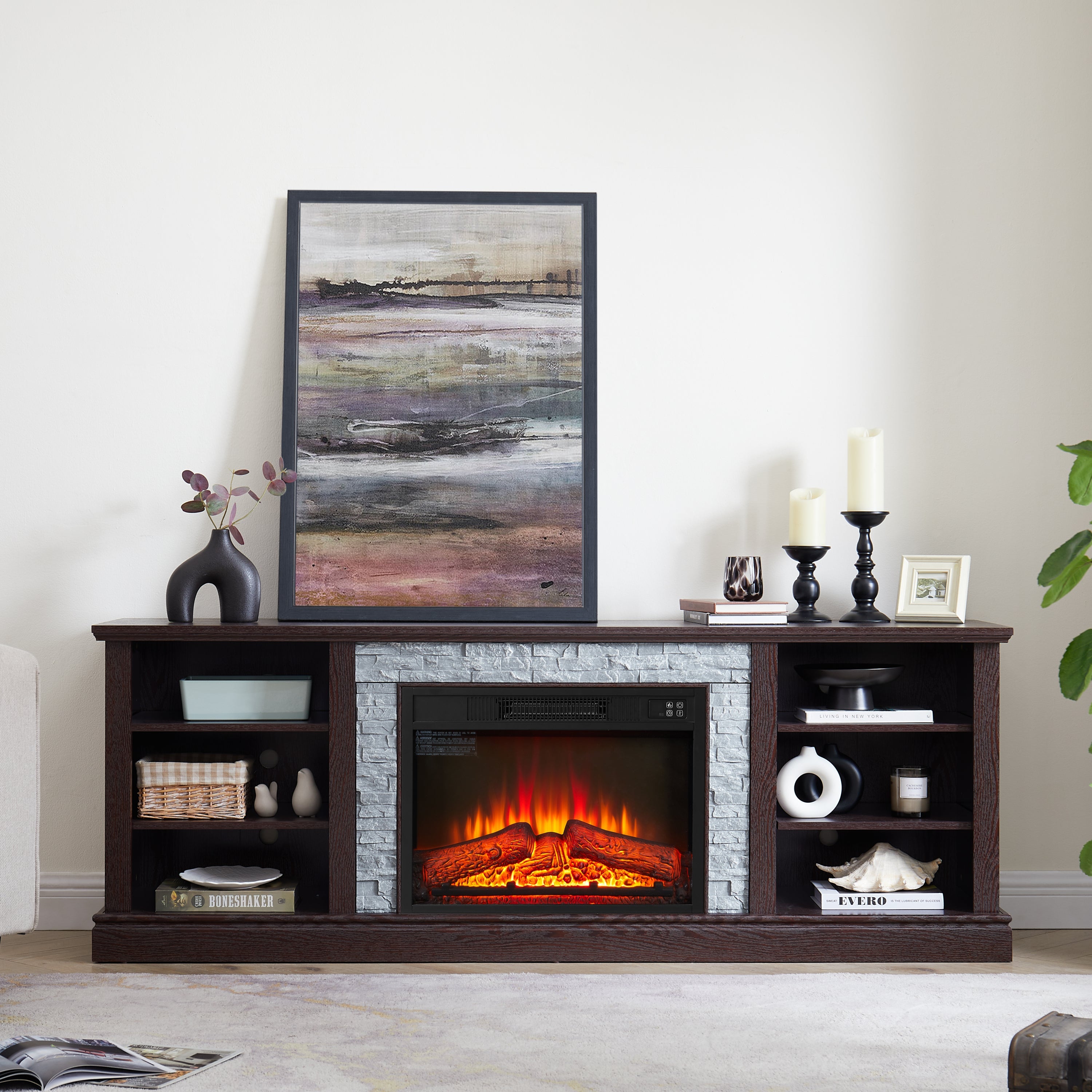 Large TV Desk Storage Rack with Faux Stacked Stone Surround,Media Console Table with Large Storage Cabinet,Modern  TV Media Stand with 23' Fireplace Insert,Cherry, 70.12'W*15.35'D*25.83'H