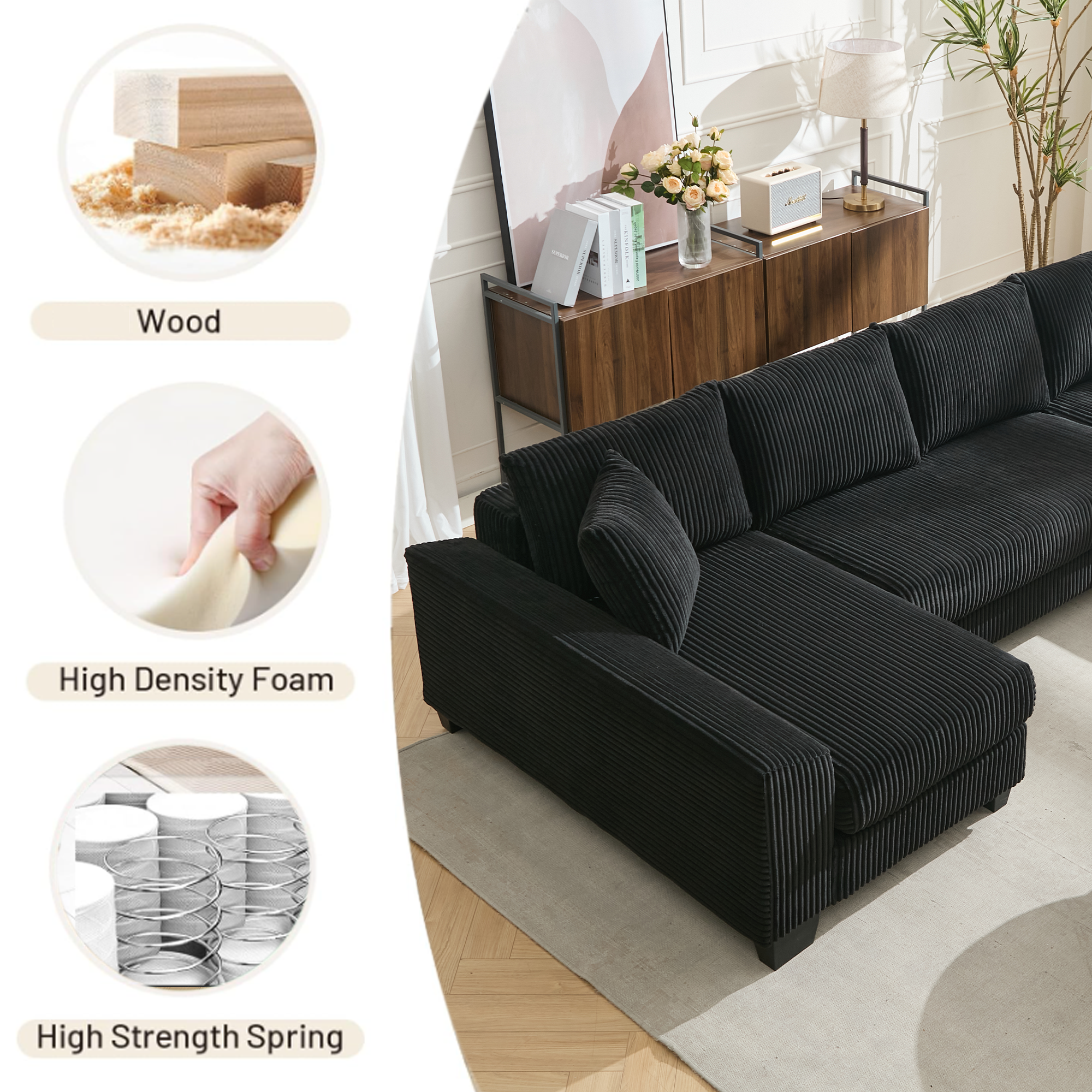 [NEW ARRIVED] [VIDEO PROVIDED]   114' Sleeper Sofa,U Shaped Sofa , Pull Out Bed,Convertible Oversize 2 in 1 Sleeper Sofa, Living Room,Upholstery Sofa Bed,Adjustable Sleeper Sofa,Corduroy,Black
