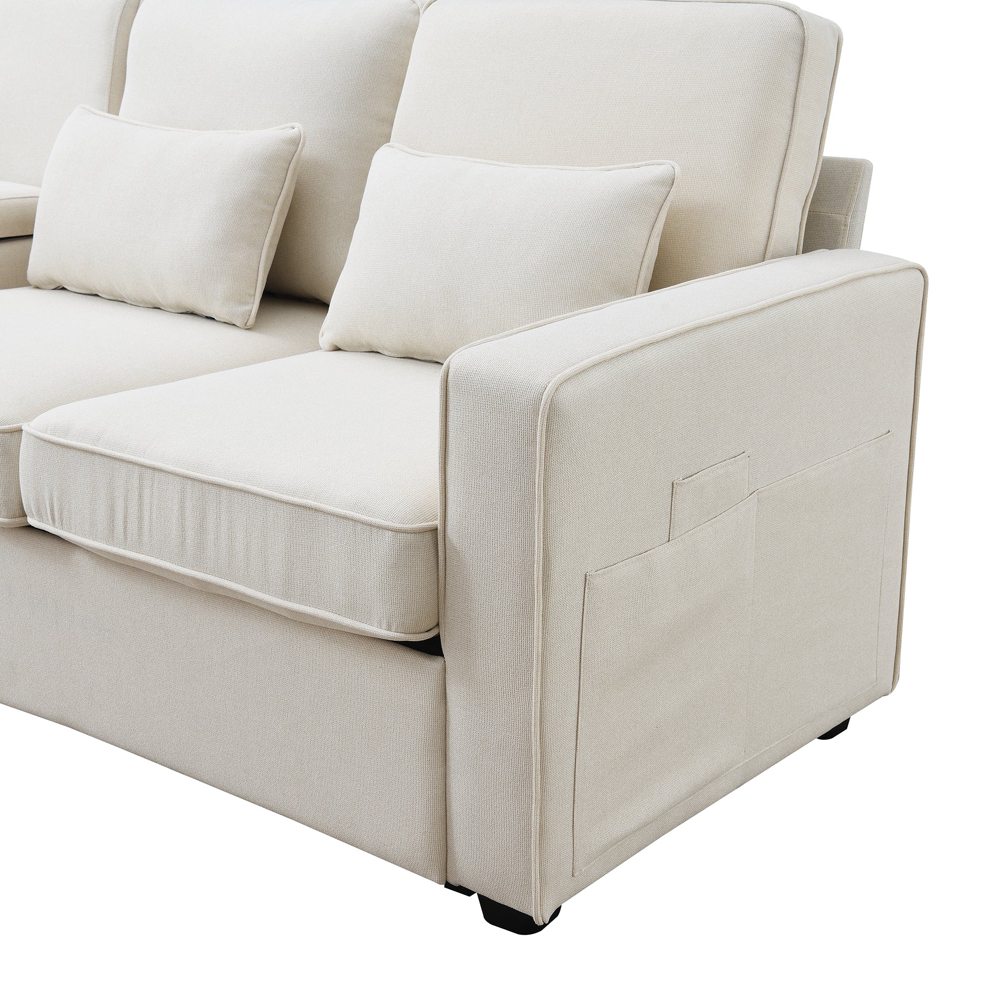 [VIDEO provided] [New] 104' 4-Seater Modern Linen Fabric Sofa with Armrest Pockets and 4 Pillows,Minimalist Style Couch for Living Room, Apartment, Office,3 Colors