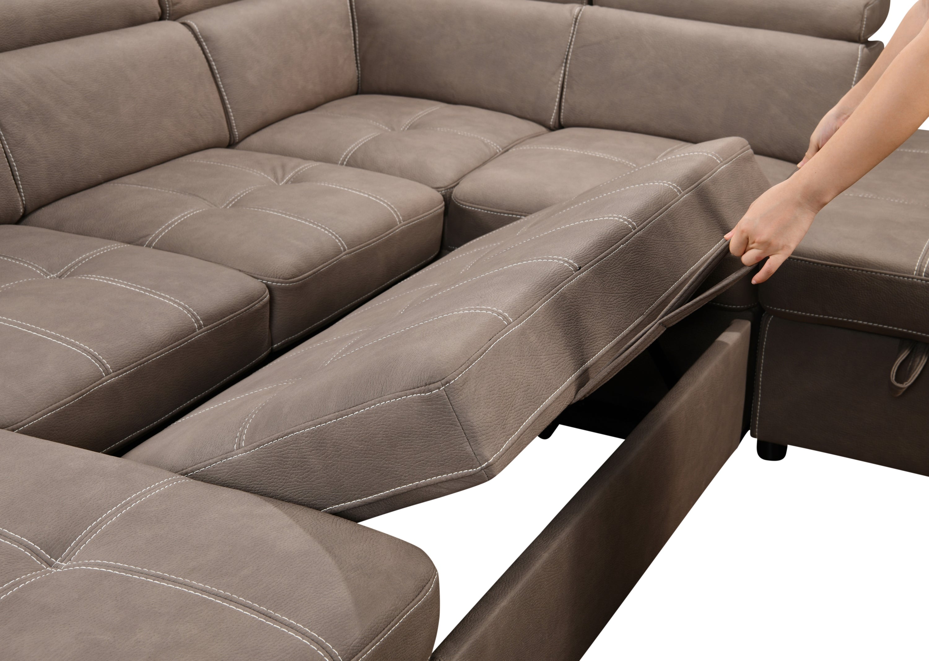 128'Sofa U Shaped Sectional Couch with Ottomans Reversible Modular Sofa 7 Seater Couch with Storage Seat,Living Room Furniture Sofa Sets with Adjustable Headrest, Brown
