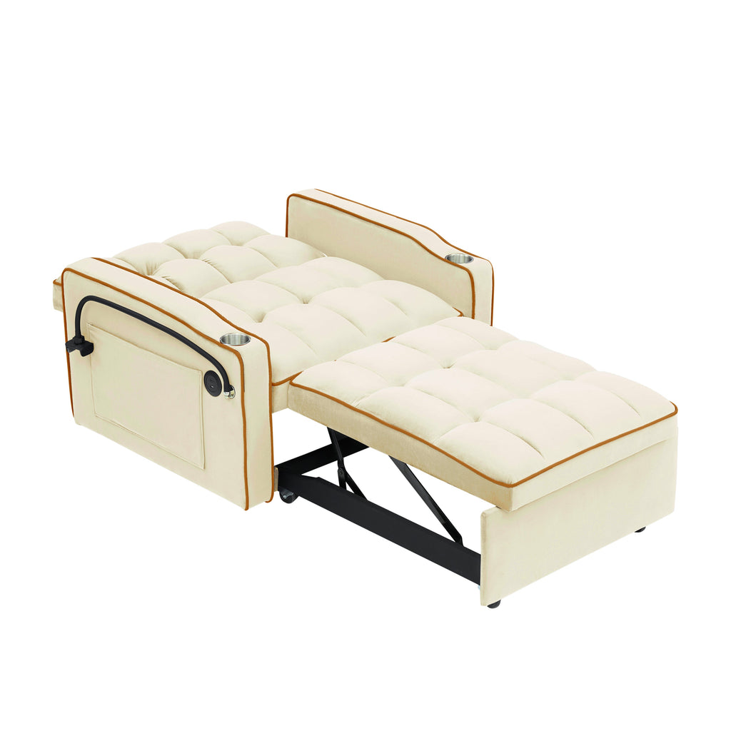 1 versatile foldable sofa bed in 3 lengths, modern sofa sofa sofa velvet pull-out bed, adjustable back and with USB port and ashtray and swivel phone stand creamy white