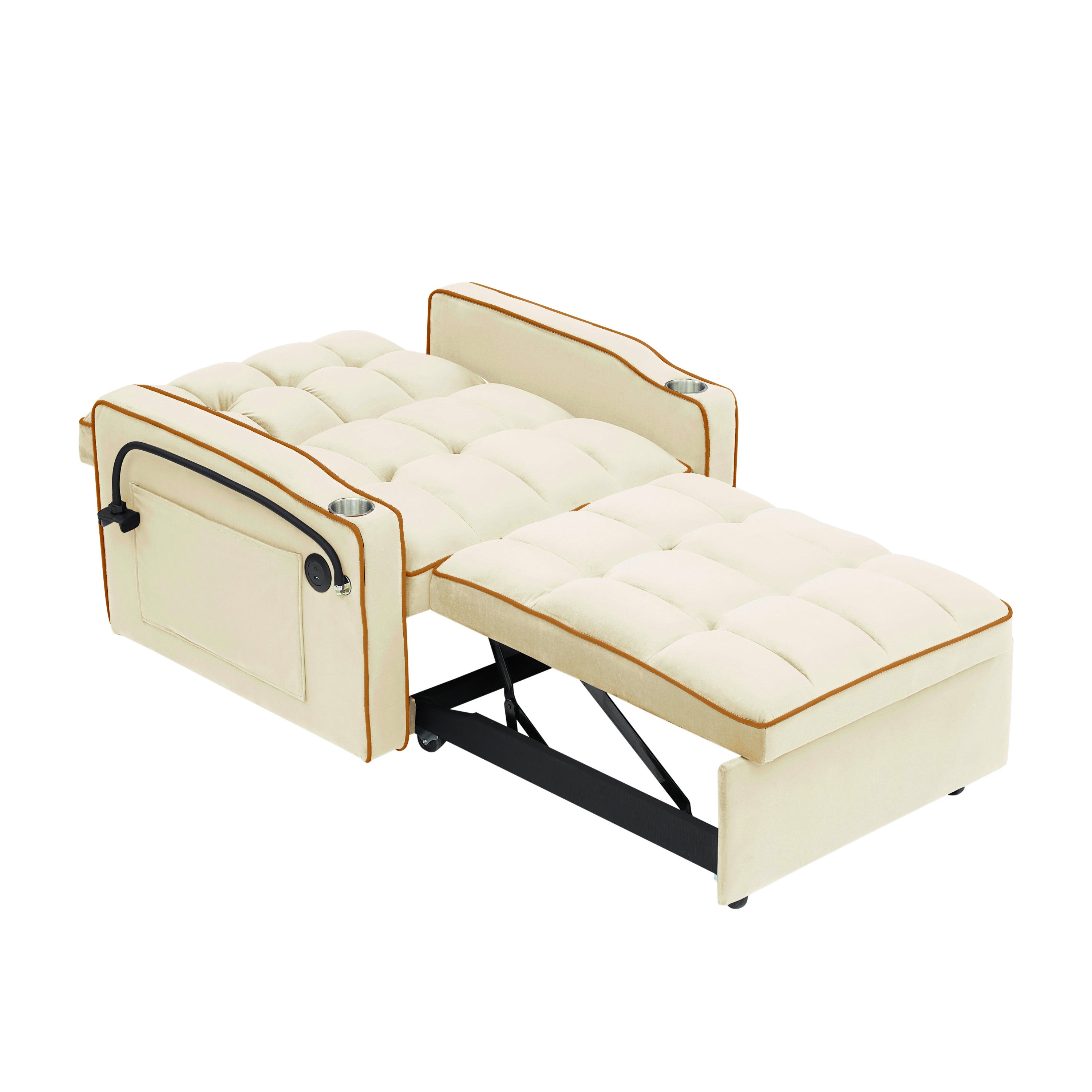 1 versatile foldable sofa bed in 3 lengths, modern sofa sofa sofa velvet pull-out bed, adjustable back and with USB port and ashtray and swivel phone stand creamy white
