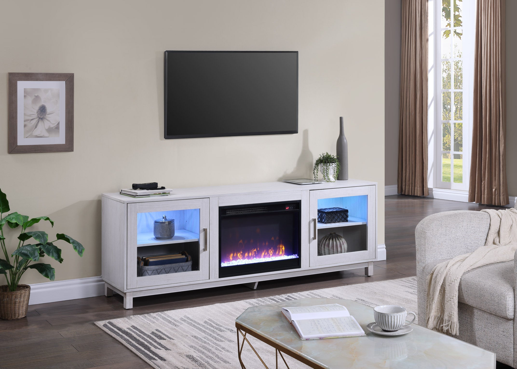Summit 70' White Walnut Finish TV Stand Console with Fireplace, Heater