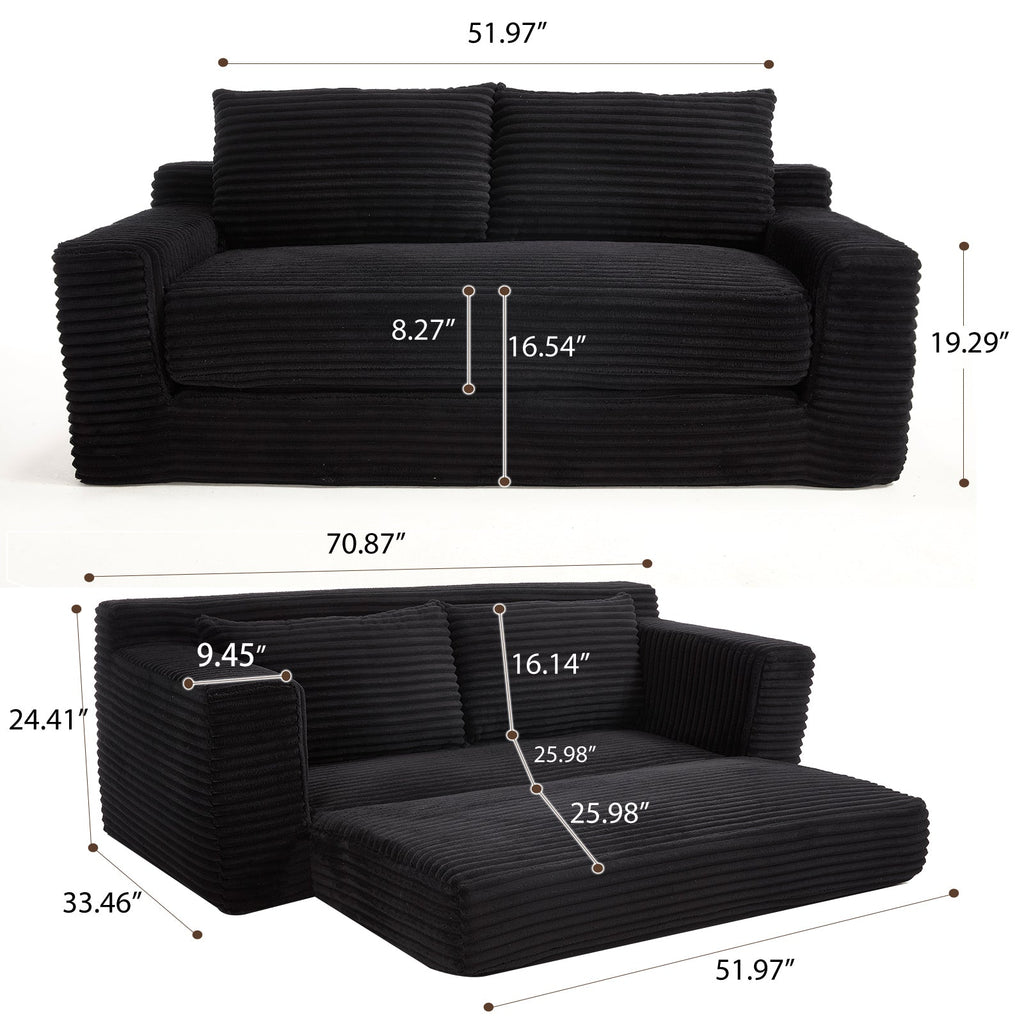 Loveseat Sofa  with Memory Foam & Steel Frame - No Assembly, Convertible 2-in-1 Design, Corduroy Fabric - Compact Couch for Small Spaces, Apartments, Home Office & Bedroom (Black)