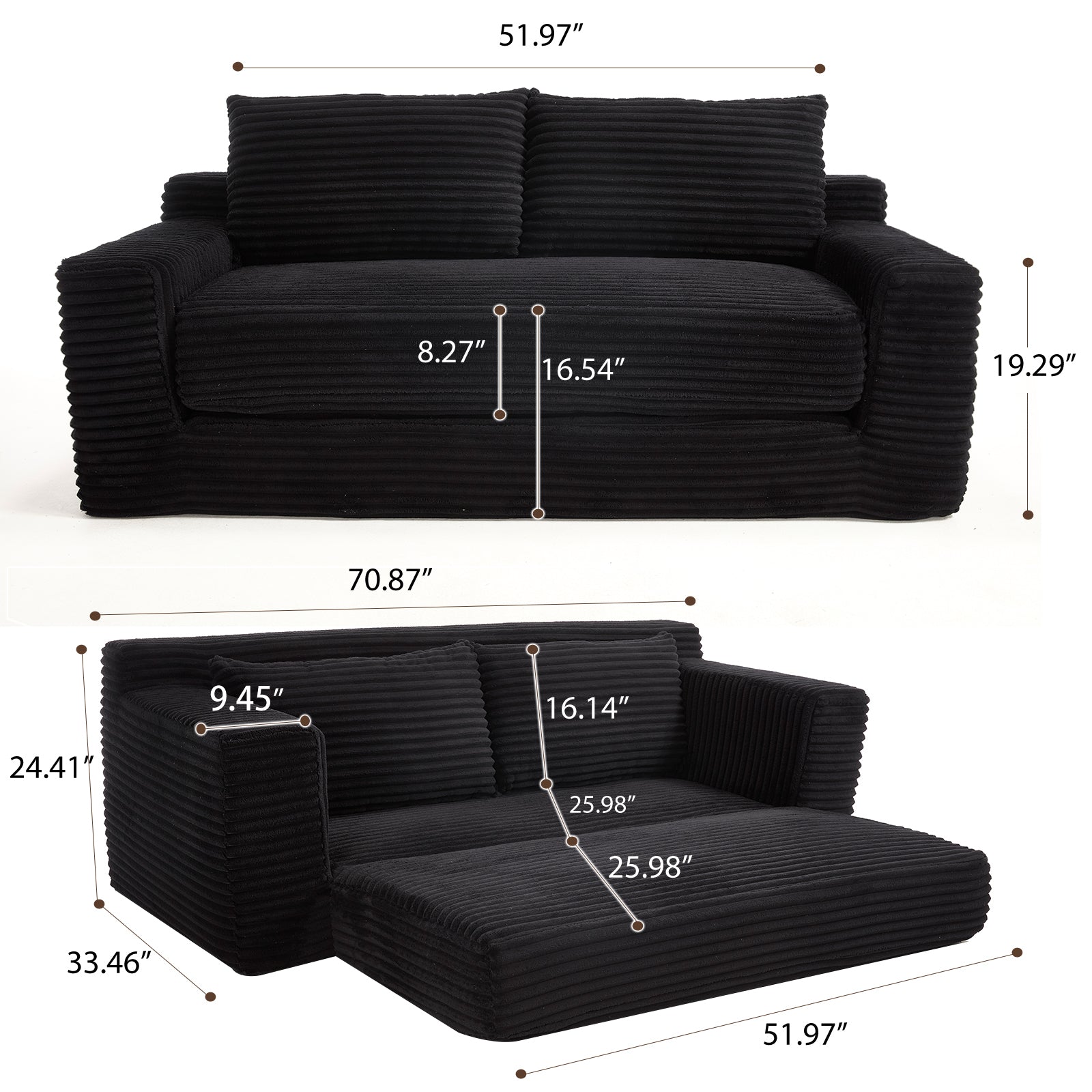 Loveseat Sofa  with Memory Foam & Steel Frame - No Assembly, Convertible 2-in-1 Design, Corduroy Fabric - Compact Couch for Small Spaces, Apartments, Home Office & Bedroom (Black)