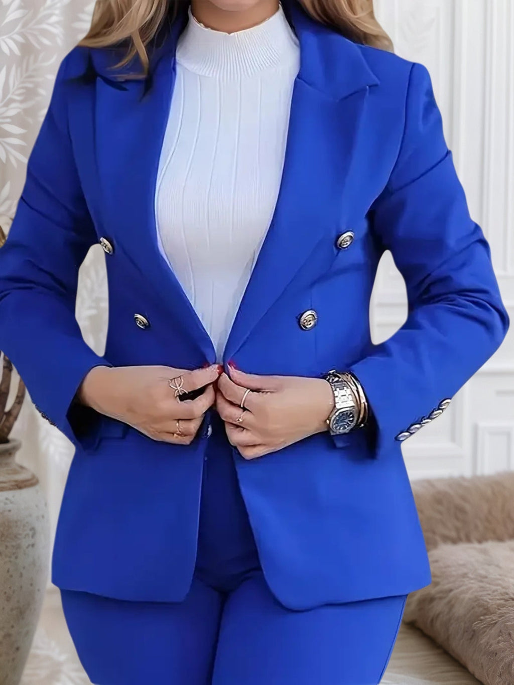 Women’s Quality Blue Slim Fit Double Breasted Jacket and Pants 2-piece Set