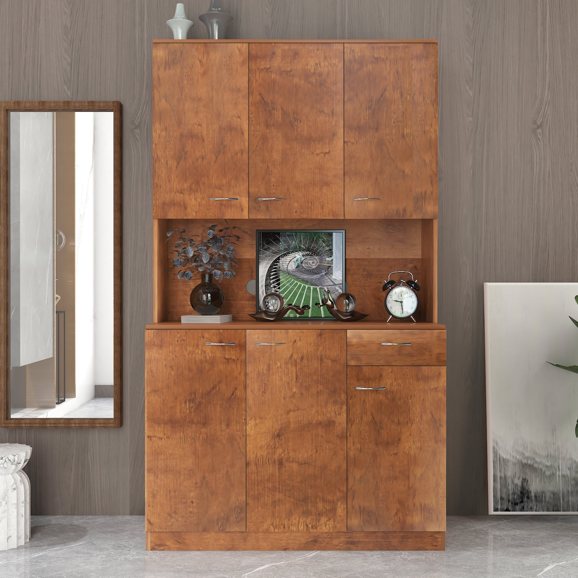 70.87' Tall Wardrobe& Kitchen Cabinet, with 6-Doors, 1-Open Shelves and 1-Drawer for bedroom,Walnut