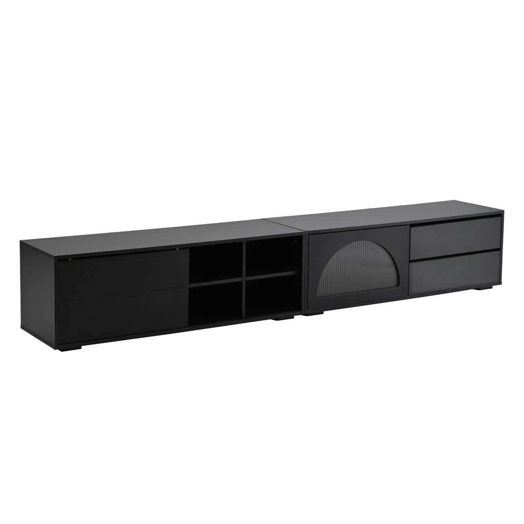 ON-TREND Modern TV Stand with Fluted Glass Door for TVs Up to 100', Media Console with Sliding Door & 2 Drawers, Free-Combination Entertainment Center with LED Light for Living Room, Bedroom, Black