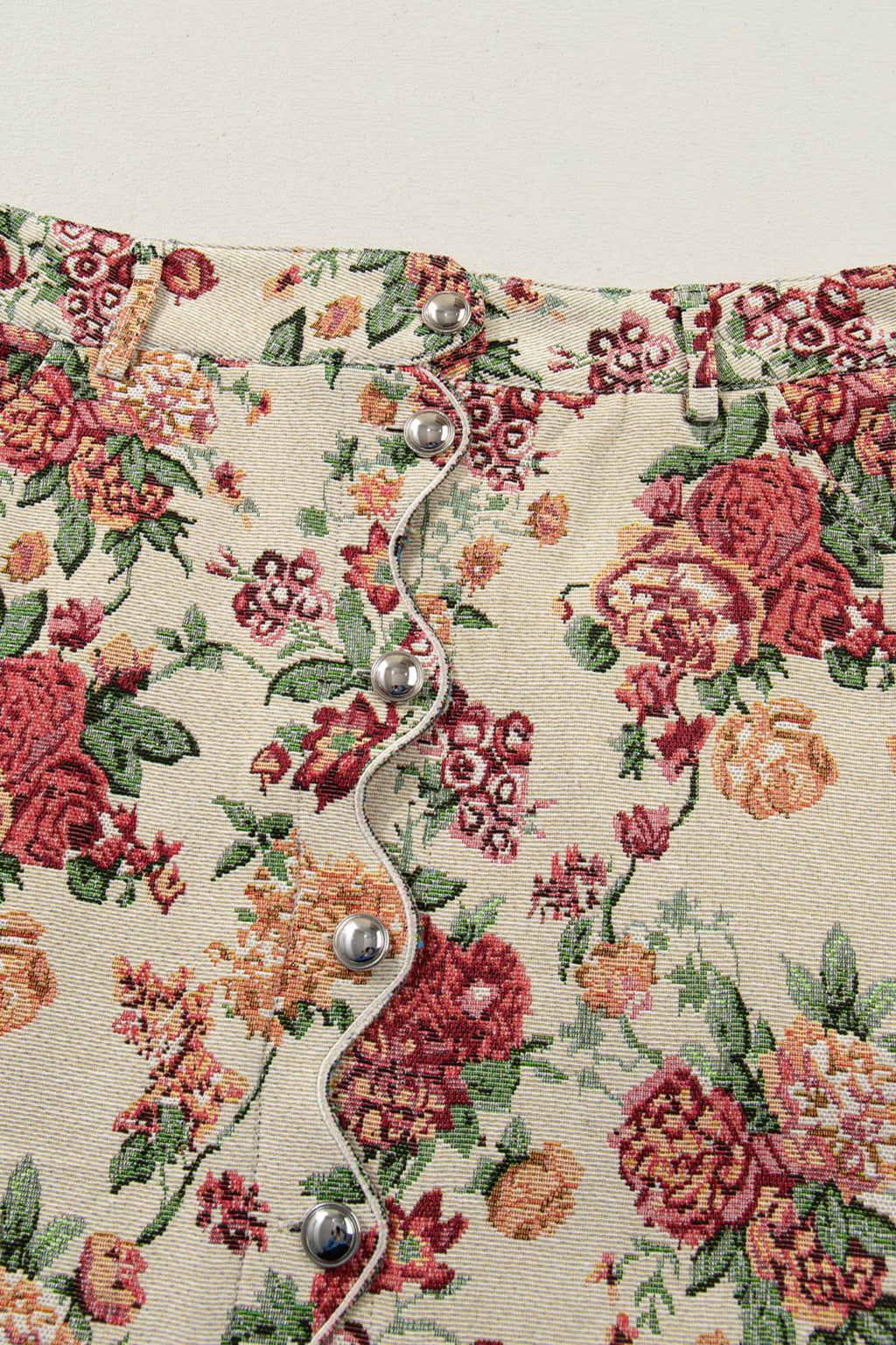 Floral Jacquard Scallop Button-Front Mini Skirt
