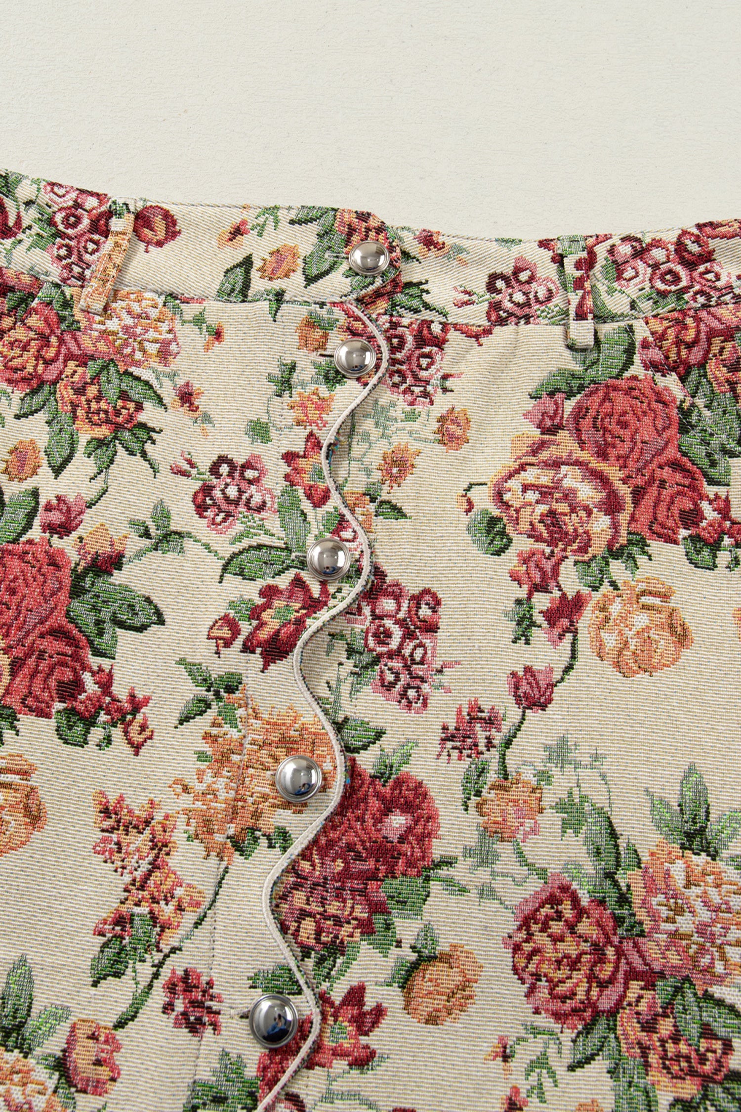 Floral Jacquard Scallop Button-Front Mini Skirt
